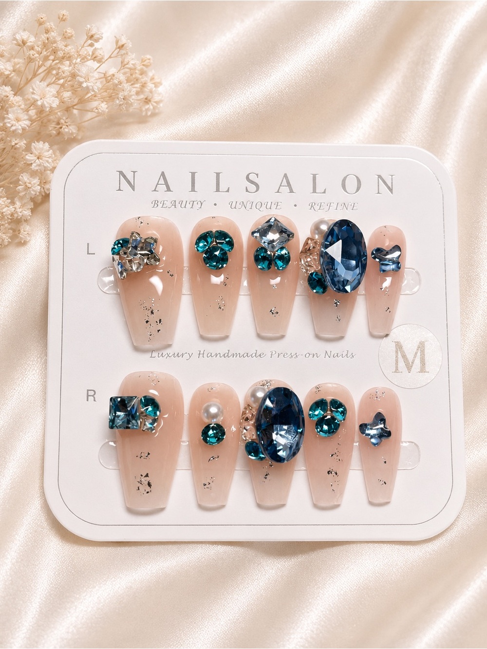 NailSalon Luxury Nude Press-On Nails with Blue Gem Accents size medium